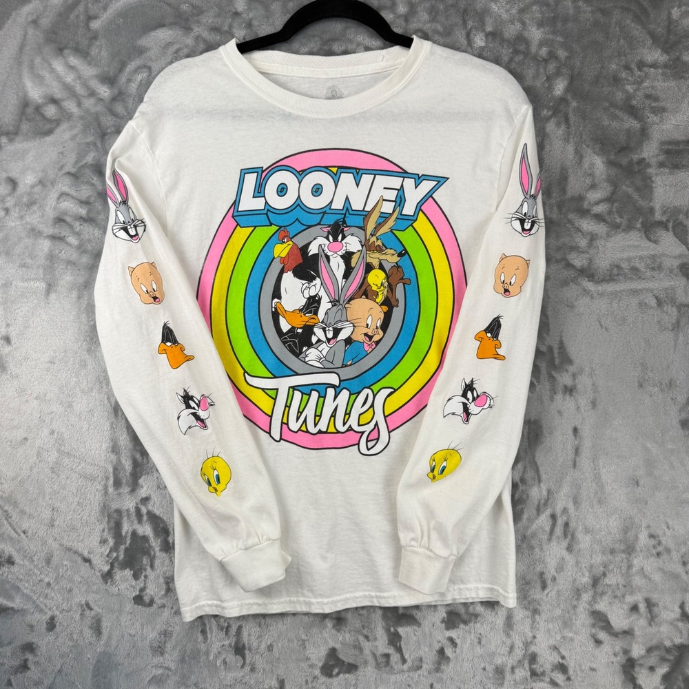 Looney Tunes Long Sleeve Graphic T-Shirt White‎ Rainbow Characters Mens Small S